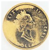 Uncirculated 1992 Canadian $10 AU Maple Leaf Coin