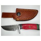 Damascus Steel Skinner Knife & Leather Sheath