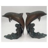 Vintage Patinated Bronze 7" Dolphin Wave Sculpture