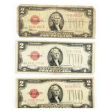 3 Series 1928 Red Seal $2 Bill Circulated Cond.