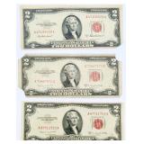 3 Series 1953 Red Seal $2 Bill Circulated Cond.