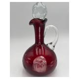 VTG Romanian Ruby Red Cut-to-clear Glass Oil Cruet