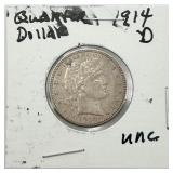 Uncirculated 1914-D Barber Quarter, 90% Silver