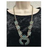 Faux Turquoise Silver Tone Squash Blossom Necklace
