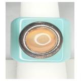 Blue Acrylic Ring w/ Peach Moonstone