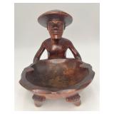 Vintage Hand-Carved Wood Man in Hat Ashtray