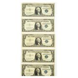 5 Series 1957B Blue Seal $1 Silver Certificates