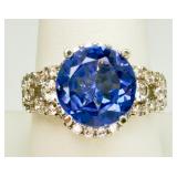 Silver-tone Ring w/ Blue Center & CZ Accents
