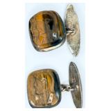 VTG Handcarved Tiger Eye Cufflinks 90% Silver