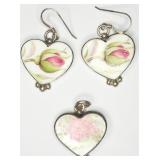 VTG 950 Silver Pink Rose Pendant & Earrings Set