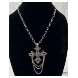 Large Fancy Silver Tone Cross Necklace
