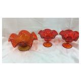 Lot of three orange and red FENTON style glassware