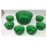 Seven piece mid-century green glass bowl lot