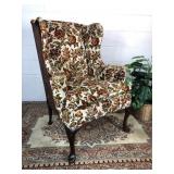 Vintage Brown Leaf Upholstered Wing Back Armchair