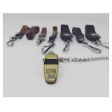 Lot of vintage leather keychains + vtg whistle;
