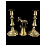 Pr. Brass Candlesticks and Donkey Figural Bell