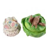 Sue Lutz Hand-Painted Ceramic Bunny Lidded Jars
