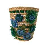 Woven Rattan Waste Basket with Raffia Flowers