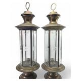 Pr. Etched Glass and Brass Hurricane Lanterns