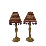 Pr. Brass Candlestick Lamps with Beaded Shades