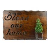 Vintage Carved Wood Bless Our Home Wall Plaque