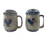Pr. Blue Spongeware Rooster and Pear Shakers