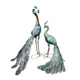 Pair of Painted Metal Peacock Garden Statues