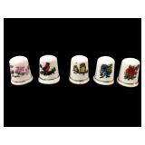 Set of 5 Porcelain Thimbles with Nature Motifs