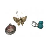 Vintage Costume Jewelry Lot, Locket, Brooch, Earri