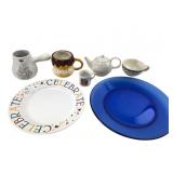 Mixed Ceramic Kitchenware and Blue Glass Plate