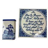 Delft Blue Tile and Willow Pattern Tin Set