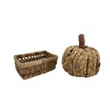 Woven Seagrass Basket and Pumpkin Decor