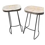 Pair of Industrial Style Wood and Metal Bar Stools