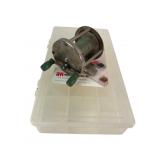 Vintage Metal Baitcasting Reel with Akro-Mils Box
