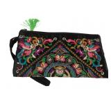Embroidered Hmong Style Black Satin Clutch