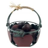 Hand-Painted Metal Apple Basket with Wooden Fruit