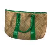 Woven Straw Tote Bag with Green Patent Trim