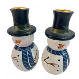 Pair of Hand-Painted Wooden Snowman Candlesticks