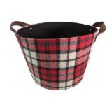 Plaid Fabric Storage Basket with Faux Leather Hand