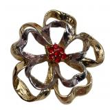 Two-Tone Ribbon Flower Brooch with Red Crystals