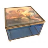 Beveled Blue Glass Trinket Box with Cherub Motif