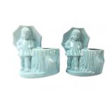 Pr. Blue Glazed Earthenware Girl with Umbrella Pla