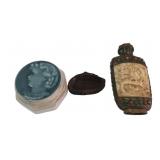 Chinese Snuff Bottle, Porcelain Box, and Stand