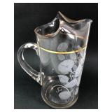 Etched Morning Glory Glass Pitcher with Gold Rim