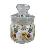 MCM Clear Glass Pansies Flowered Jar with Lid