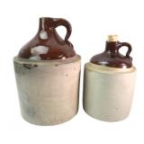 Two Two-Tone Stoneware Whiskey Jugs
