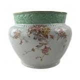 Floral Transferware Ceramic Planter with Green Rim