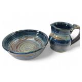 Signed Studio Art Pottery Pitcher and Bowl Set
