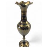 VTG Brass Vase, Black & Gold Floral Etching