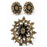 LJMC Gold Tone Brooch and Clip-On Earring Set